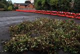 Safety barrier to protect groundworks for land drain at Saint Alkmund's Green - October 2021.