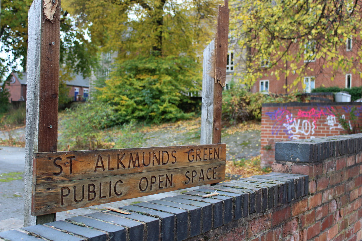Saint Alkmund's Town Green notice board. Smashed up in October 2020.